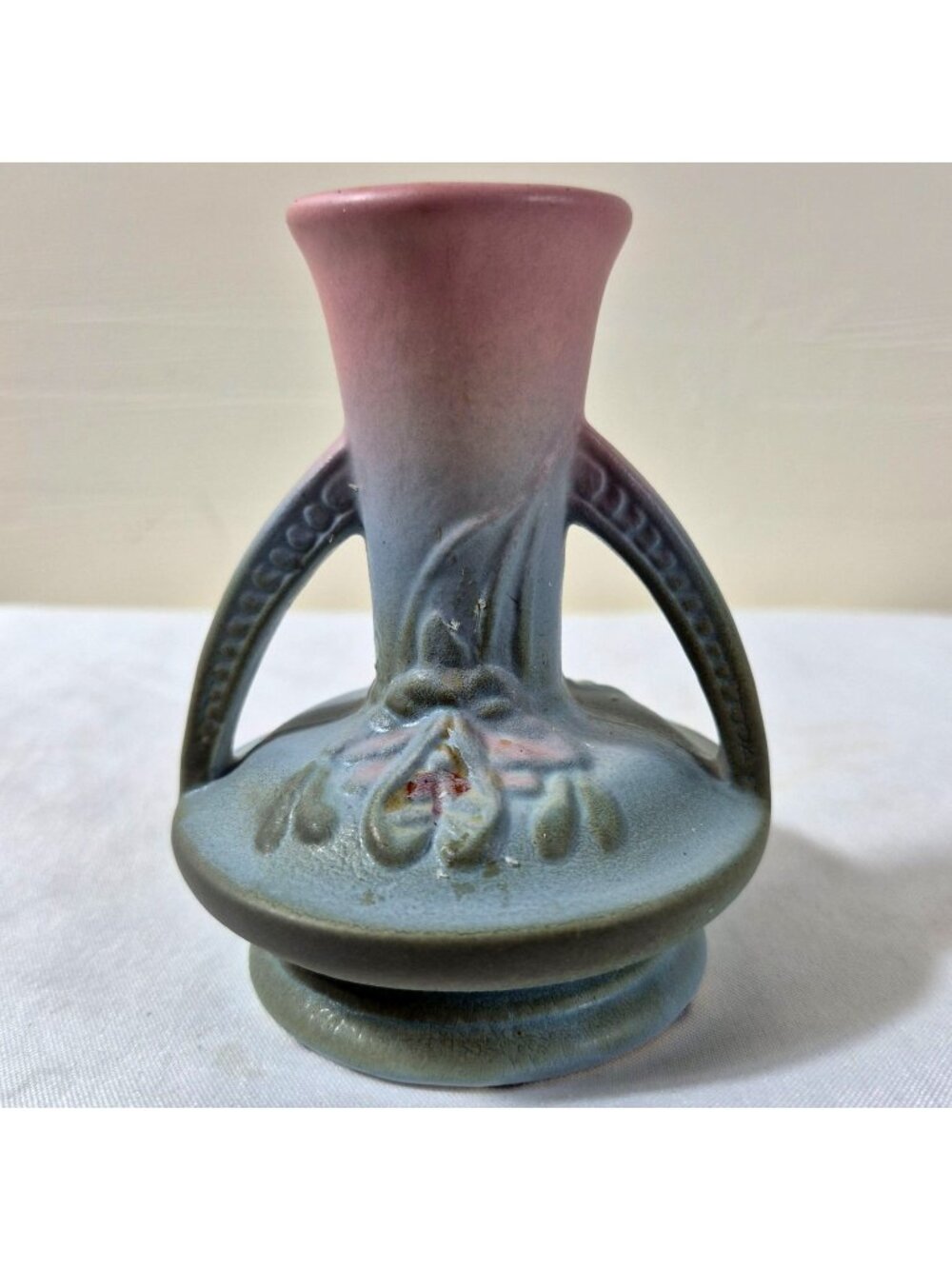 Vintage Hull USA Pottery Bud Vase Double Handle Pink Blue Floral Matte 4.25"